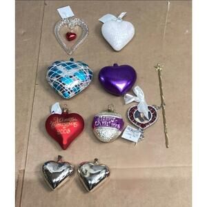 Lot Of 9 Heart Christmas Ornaments And 1 Star Wand Ornament